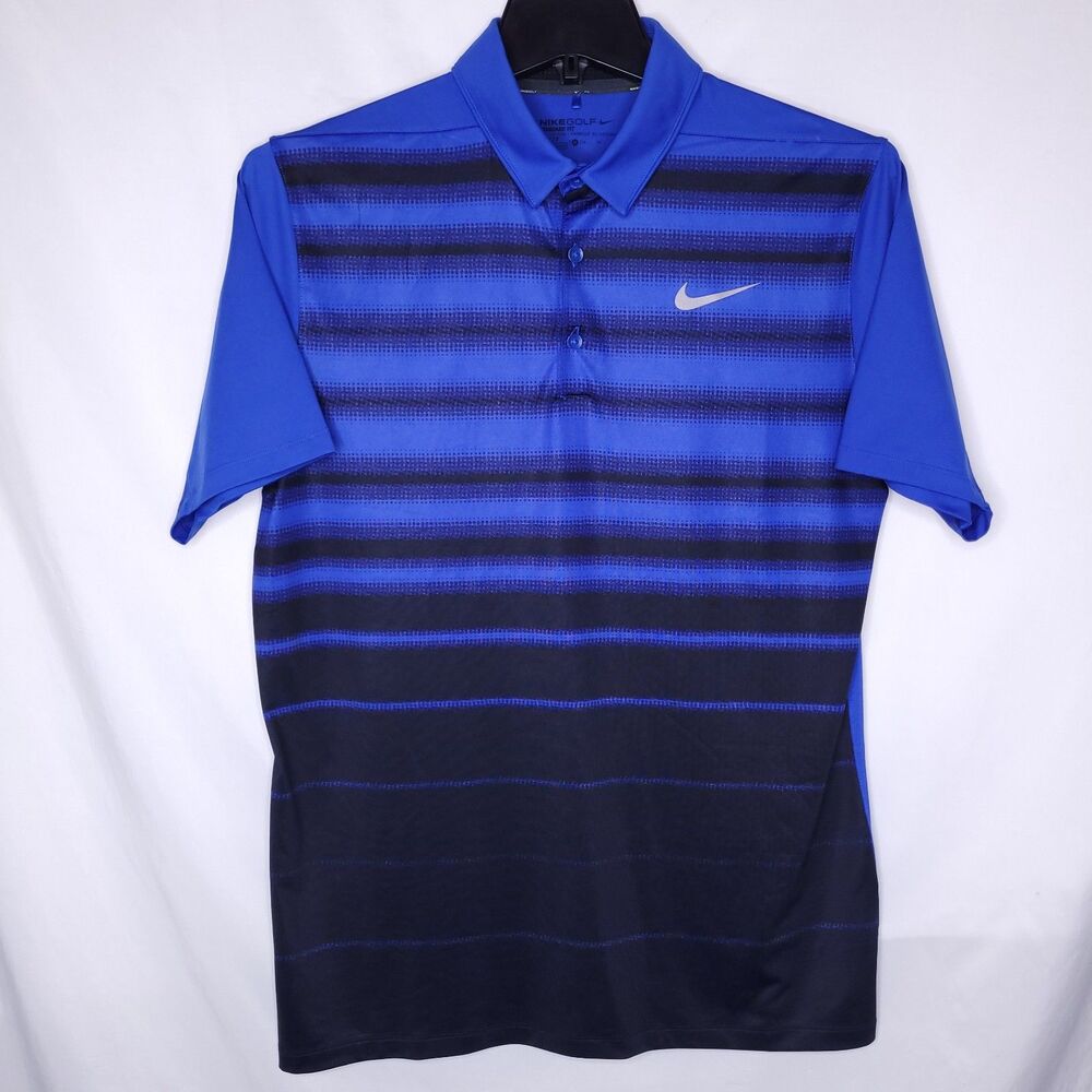 Nike Golf Polo Shirt Mens Medium Striped Blue Dri Fit Short Sleeve
